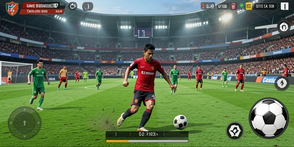 Screenshot utama GT108 menampilkan aksi menegangkan di lapangan sepak bola.