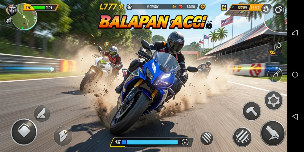 Gameplay L777 yang seru dan mendebarkan saat balapan motor.