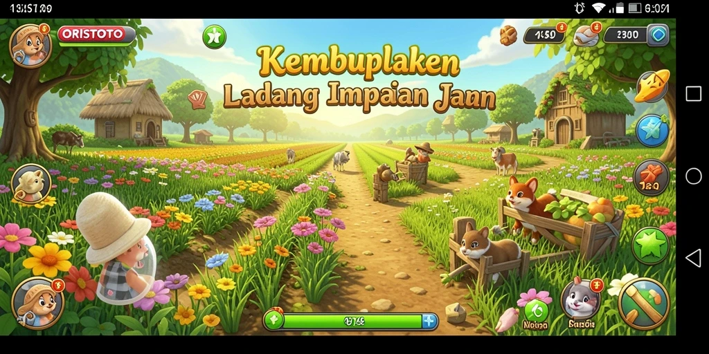 Tangkapan layar gameplay <strong>ORISTOTO</strong> menunjukkan ladang yang subur dan tanaman yang berwarna-warni.