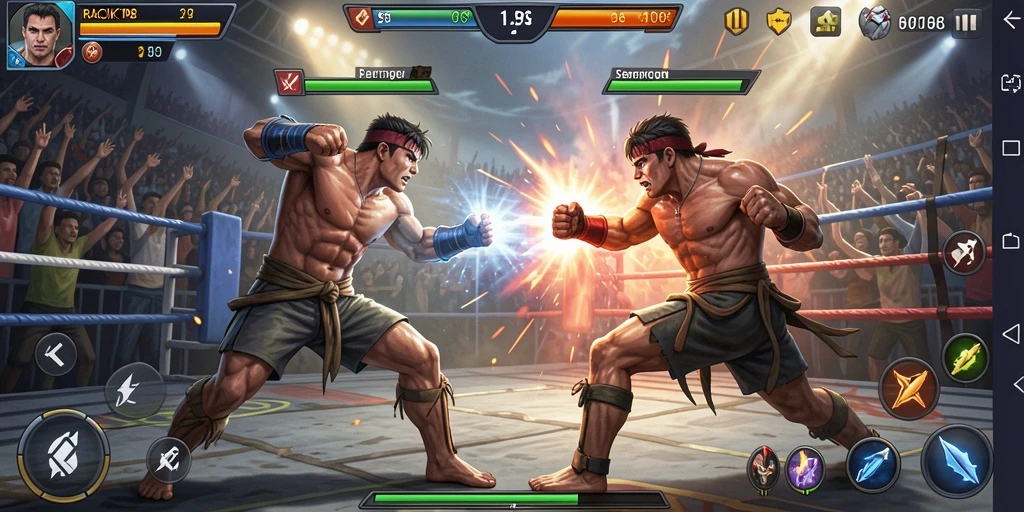 Screenshot menampilkan pertarungan seru karakter dalam RACIK198.