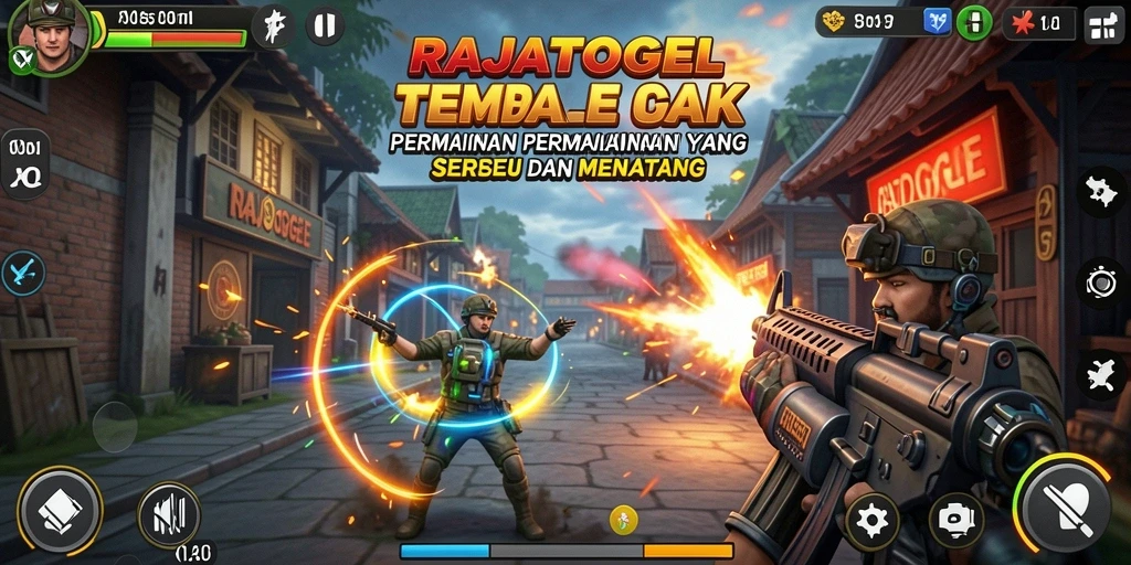 Screenshot utama RAJATOGEL menampilkan aksi tembak yang seru.