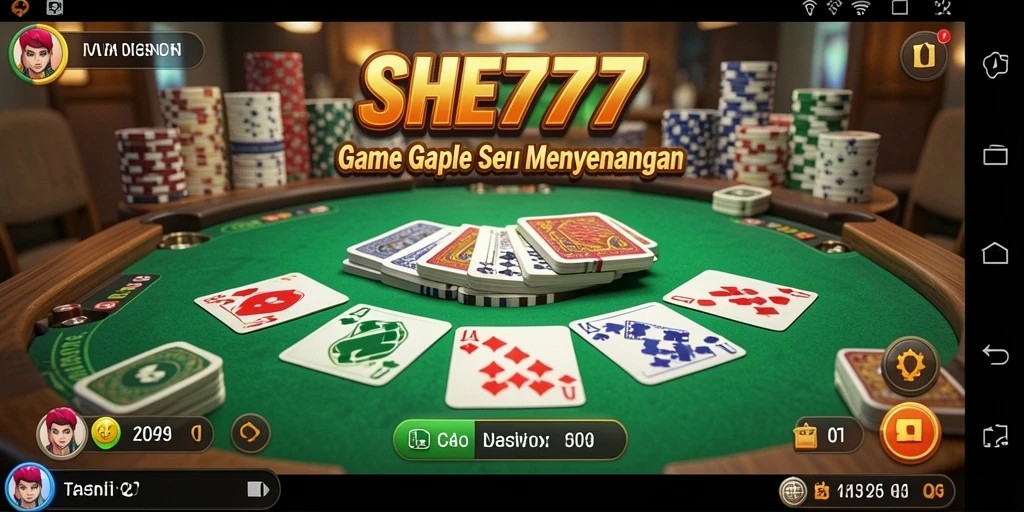 Screenshot utama gameplay SHE777 menampilkan suasana seru permainan Gaple.